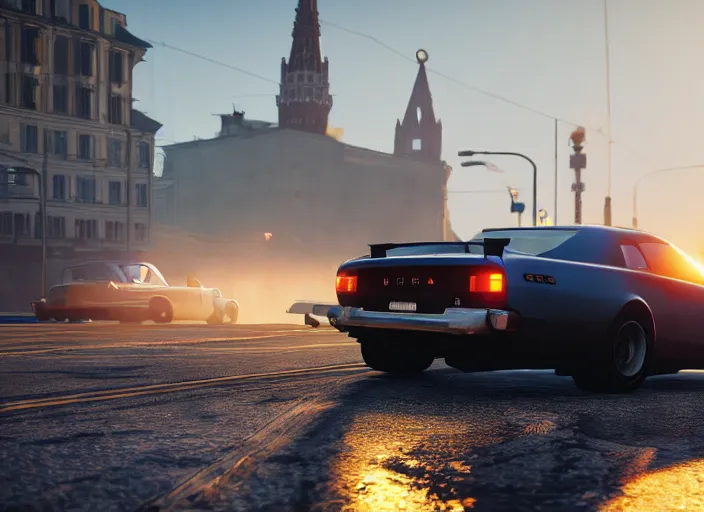 Image similar to gta in moscow, playstation 5 screenshot, mega details, golden hour, orange lights, fog, beautiful rtx reflections, brutalism buildings, photorealistic, unreal engine 5, octane render, volumetric light, cg society, 4 k, bokeh, lada car, artstation