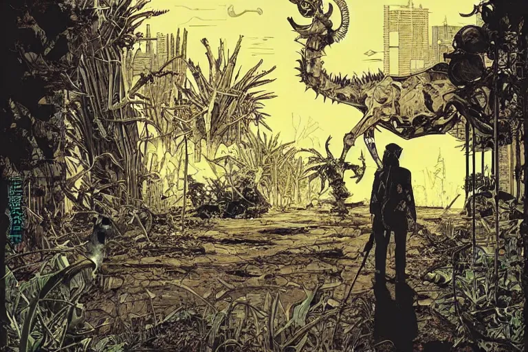 Image similar to on the street of abandoned town, tall figure with goat head surrounded by shadows, spiny giant plants bursting through them, surreal, very coherent, intricate design, painting by Laurie Greasley, part by Yoji Shinkawa, part by Norman Rockwell