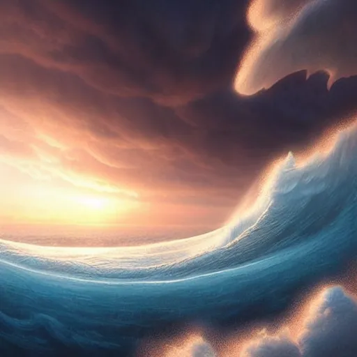 Image similar to beautiful digital fantasy illustration of a a giant wave in the sky, a detailed matte painting by Dan Luvisi, highly detailed, soft lighting, rendered in octane, masterpiece, very very very aesthetic, exquisite marble details!!!