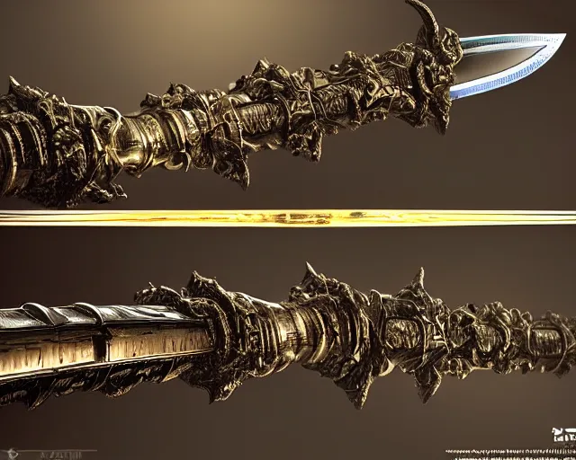 Image similar to legendary sword of cybernetic technology on a glowing table, digital award winning hd matte painting, intimate dark moody, intricate, long sharp black and iridescent blade, ornate spikes, colorful hilt, detailed realistic, raytraced blade, colored gems, golden pommel, in the style of greg rutkowski and krenz cushart, trending on artstation and deviantart