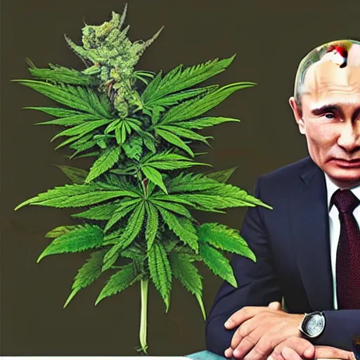 Image similar to Vladimir Putin holding a giant marijuana plant, detailed face, realistic face, photorealistic, highly detailed, cinematic