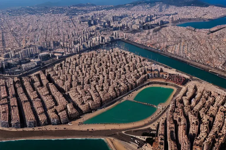 Image similar to air views of dystopian barcelona coast covered with water, global warming, sunset lighting, photo real