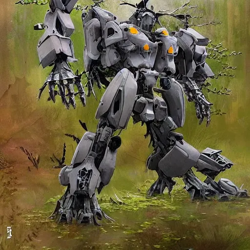 Prompt: a peaceful battle mech that has become overgrown by plants and cordyceps hiking out in nature, painting, haunting, beautiful, realism