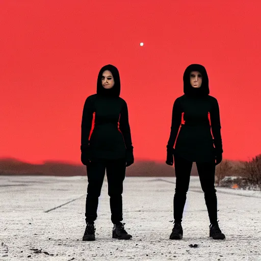 Image similar to photograph of 2 women wearing black techwear in front of a brutalist sharp - edged metal building, on a desolate plain, red eerie sky, sigma 8 5 mm f / 1. 4, 4 k, depth of field, high resolution, 4 k, 8 k, hd, full color