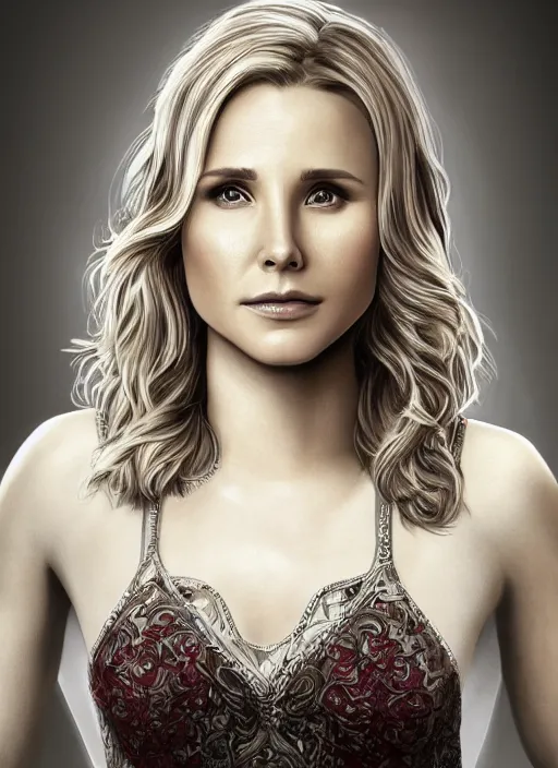 Image similar to a combination of kristen bell and cobie smulders, portrait, intricate, highly detailed, elegant, 8 k, digital art, trending on artstation, smooth, sharp focus