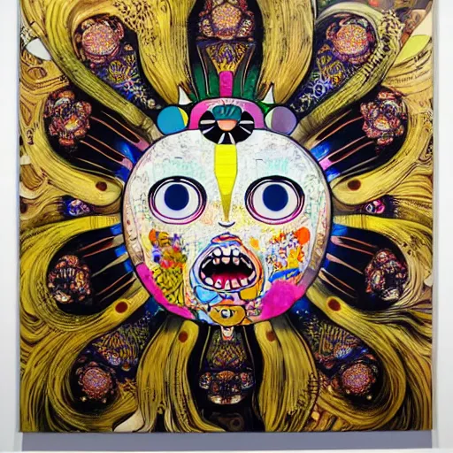 Image similar to the queen of the sun by takashi murakami and h.r. giger, full body, oil on canvas, intricately detailed artwork, full 8k high quality resolution, recently just found unknown masterpiece