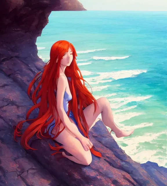 Prompt: a girl with long flowing auburn hair sitting on a cliff overlooking a beach. vivid colors, soft lighting, atmospheric, cinematic, moody, in the style of ilya kuvshinov and range murata, krenz cushart, rule of thirds, oil on canvas, 8 k.