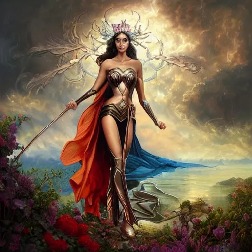 Prompt: fine art photo of the beauty goddess gal gadot, she has a crown of mesmerizing flowers, she is arriving heaven, background full of stormy clouds, by peter mohrbacher, long shot