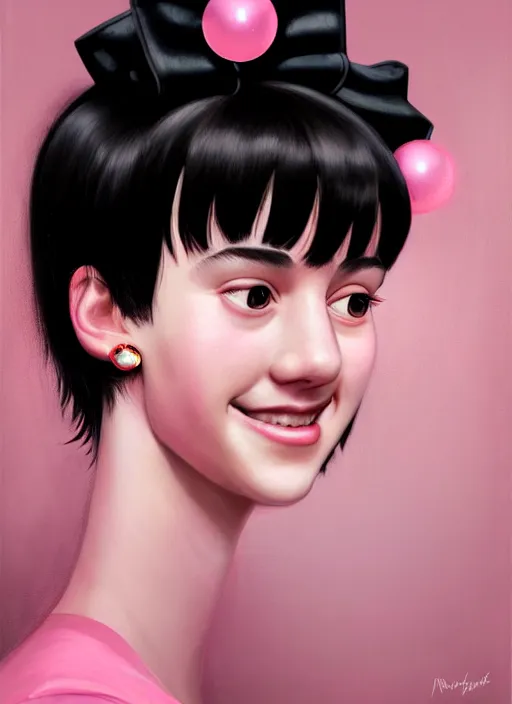 Image similar to portrait of high school girl, realistic, black hair, bangs, half updo hairstyle, pointy nose, skinny, smile, ugly, defined jawline, big chin, pink hair bow, earrings, intricate, elegant, glowing lights, highly detailed, digital painting, artstation, sharp focus, illustration, art by wlop, mars ravelo and greg rutkowski