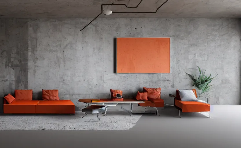 Image similar to a concrete room with a wooden table and a leather sofa and paintings on the wall, high quality, 8 k, architecture, symmetrical, harmonious, black white and orange colours, calm, high coherence, natural lighting, path traced, highly detailed, hyperrealistic, concept art, octane render, unreal engine 5, trending on artstation, beautiful, elegant