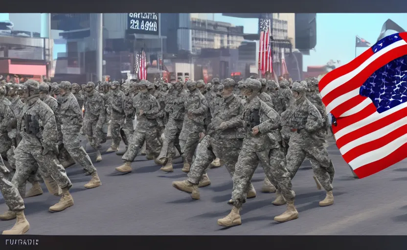 Image similar to the united states army in 2 0 5 8, futuristic, symmetrical, parade, militarized, raytracing, detailed, 8 k