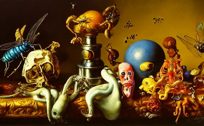 Image similar to disturbing colorful oil painting dutch golden age vanitas still life with bizarre objects strange gooey surfaces shiny metal bizarre insects rachel ruysch dali todd schorr very detailed perfect composition rule of thirds masterpiece canon 5 0 mm, cinematic lighting, photography, retro, film, kodachrome