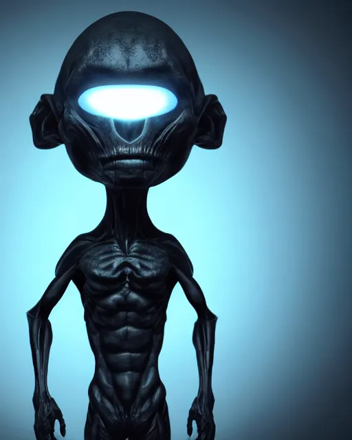 Prompt: full body dark and intimidating portrait of an angry grey alien with sharp glowing black eyes, standing upright with blue wispy light highlighting from behind its figure on a black background, scary, dark and high resolution, 3 d, rim lighting, octane render, 8 k, ultra detailed, photorealistic,