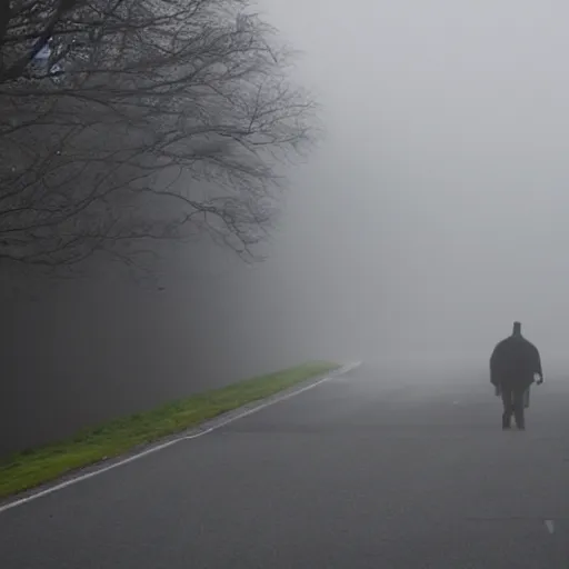 Image similar to mist, there\'s a shadowy figure on the road