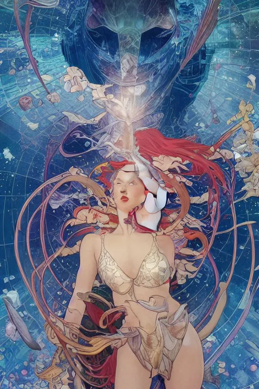 Image similar to swimming through time, by artgerm and yoshitaka amano and moebius and alphonse mucha, hyperdetailed, dc comics, ornate, nebula, explosions in the sky, trending on artstation