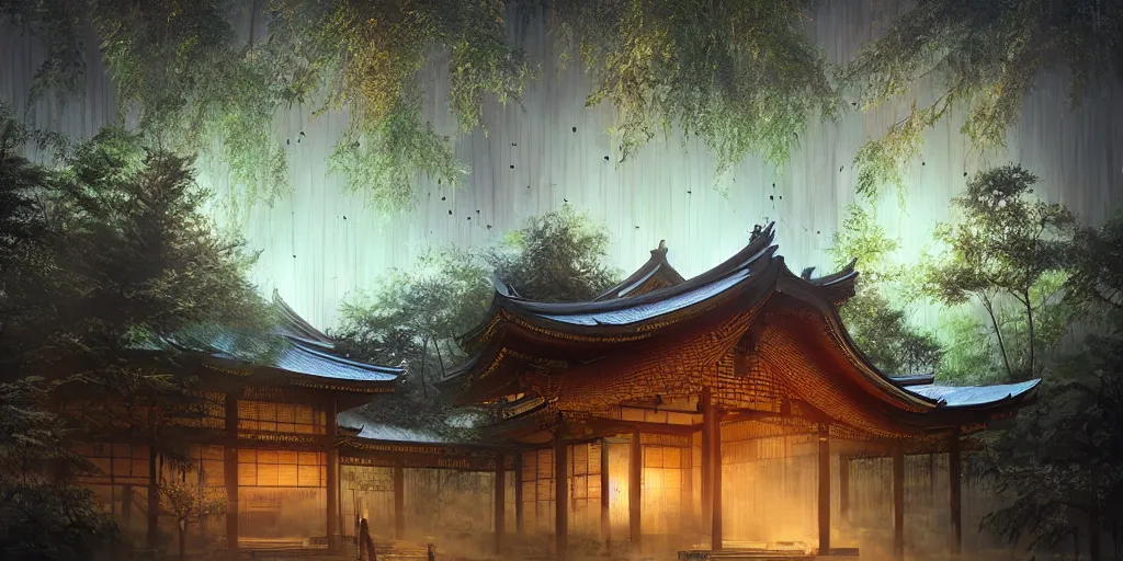 Prompt: japanese temple in bamboo forest at night, glowing fireflies, creepy ambiance, high focus, high detail, cgsociety, artgerm