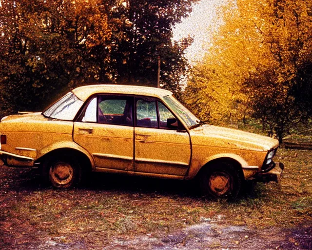 Image similar to a lomographic photo of old lada 2 1 0 7 standing in typical soviet yard in small town, autumn, cinestill, bokeh