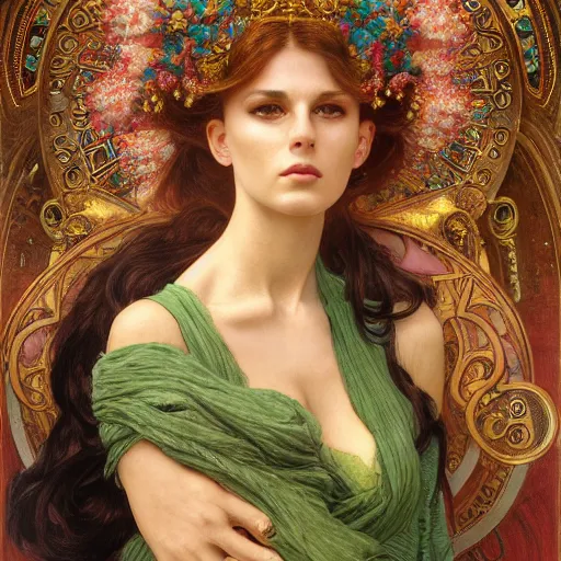 Image similar to an portrait of a beautiful alluring female goddess, detailed, centered, digital painting, artstation, concept art, donato giancola, Dante Gabriel Rossetti, alphonse mucha, Joseph Christian Leyendecker, WLOP, Boris Vallejo, Annie Leibovitz and Steve McCurry, David Lazar, Jimmy Nelsson, Breathtaking, 8k resolution, extremely detailed, beautiful, establishing shot, artistic, hyperrealistic, beautiful face, octane render