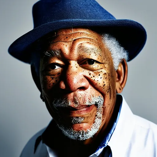 Image similar to a studio photograph of Morgan Freeman dressed as A rapper, 40mm lens, shallow depth of field, split lighting