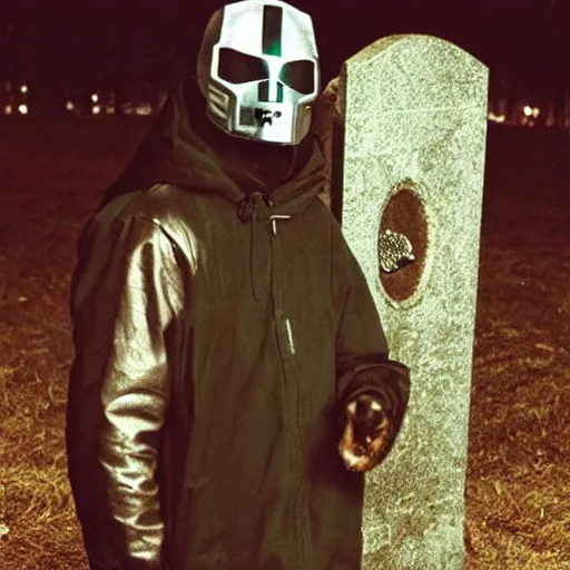 Image similar to MF DOOM standing in a graveyard with a dug up coffin