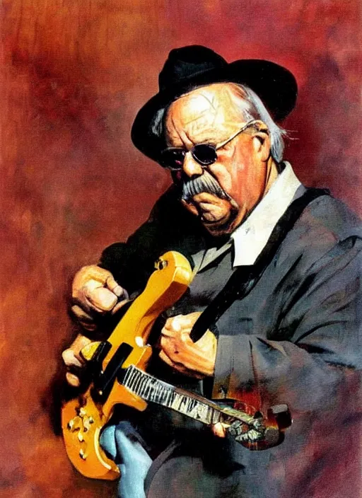 Image similar to Wilford Brimley shredding on an electric guitar, painting by Frank Frazetta