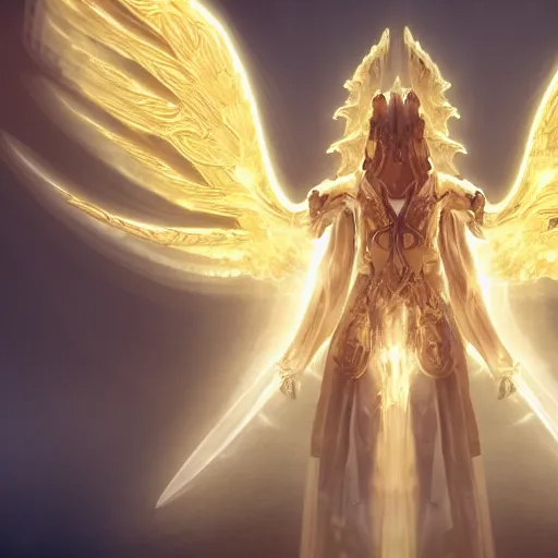 Image similar to Angel in white linen, golden armor, glowing sword in hand, translucent wings, concept character, beautiful, stunning, gold mist, radiating power, energy, god rays, luminescence, fractal, photography, unreal engine, 8k