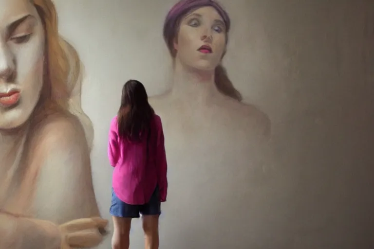 Prompt: hyperrealism, young woman in front of wall full of small art painting, in style of classicism