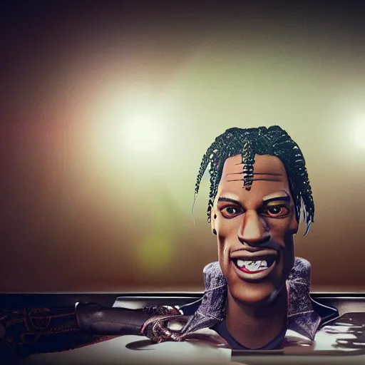 Prompt: Travis Scott as a vinyl figure, octane render, 3d rendering, light, studio,