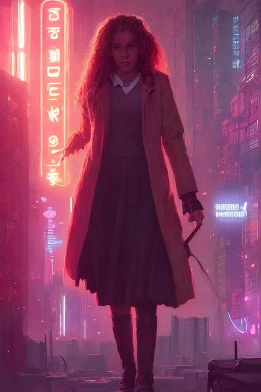 Image similar to portrait of Hermione Granger in cyberpunk, neon lighting, night city, digital art from artstation by Ruan Jia and Mandy Jurgens and Artgerm and william-adolphe bouguereau and Greg Rutkowski and Wayne Barlowe