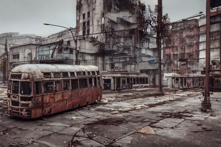 Image similar to low wide angle shot of dilapidated fallout 5 europa, retro futuristic euro cityscapes, desolate, dilapidated neon signs, few rusted retro futuristic vintage parked vehicles like cars, buses, trucks, trams, volumetric lighting, photorealistic, fog, daytime, autumn, overcast weather, sharp focus, ultra detailed, 4 0 0 0 k