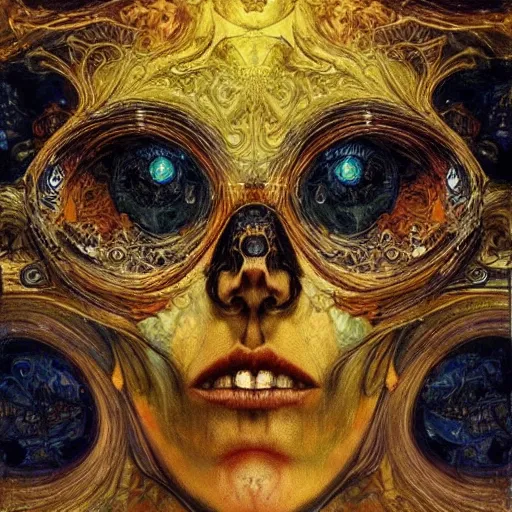 Prompt: Memento Mori by Karol Bak, Jean Deville, Gustav Klimt, and Vincent Van Gogh, beautiful visionary mystical portrait, otherworldly, fractal structures, ornate gilded medieval icon, third eye, spirals, beautiful ornate jeweled skull