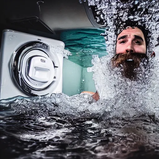 Prompt: tiny bearded Canadian snorkeling inside washing machine, sports photography, detailed, 4k