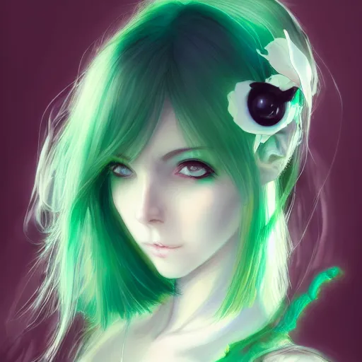 Image similar to facial portrait of a young pretty anime woman, green hair, dark eyes, gothic eyeliner, headshot, Charlie Bowater, Anna Dittmann, WLOP, Rumiko Takahashi, Akihiko Yoshida, Hyung-tae Kim, alexander mcqueen, trending on Artstation