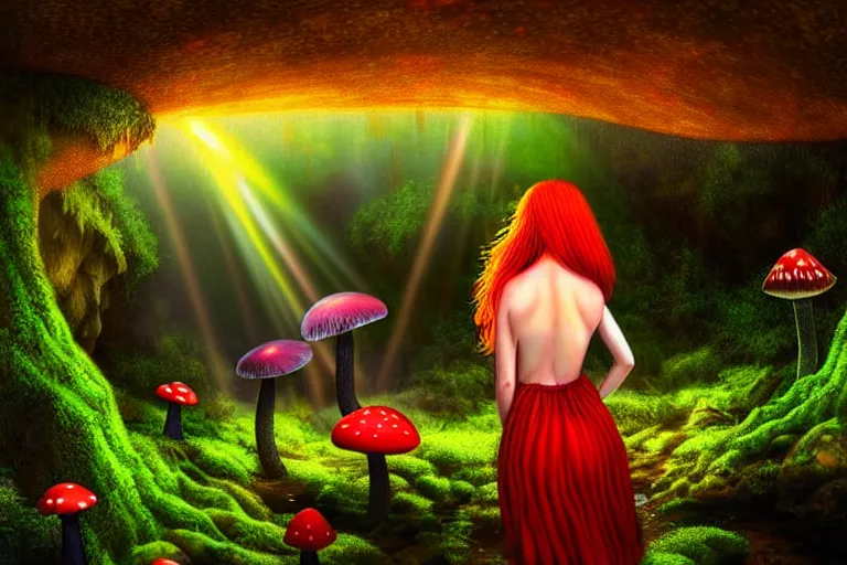 Prompt: a realistic portrait of a beautiful red haired mushroom goddess, inside a waterfall, in an enchanted psychedelic mushroom forest, butterflies, sunbeams at sunset, wlop