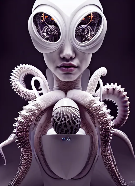 Prompt: portrait of an absurdly beautiful, graceful, sophisticated, fashionable cyberpunk mechanoid, hyperdetailed illustration by irakli nadar and alexandre ferra, intricate linework, white porcelain skin, faberge, octopus headdress, unreal engine 5 highly rendered, global illumination, radiant light, detailed and intricate environment