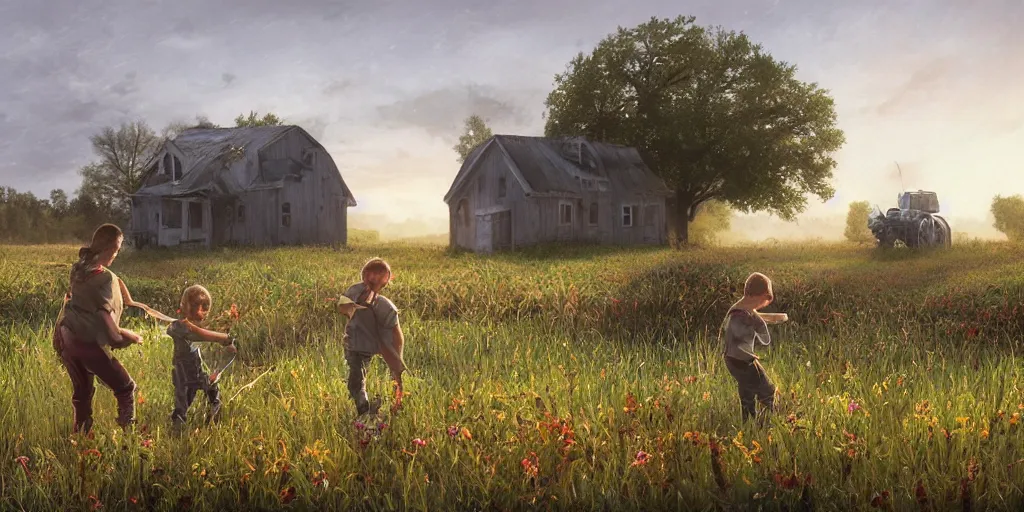 Prompt: two kids pick flowers in a field in front of abandoned farmhouse with robotic harvesters, landscape, by pixar, high detail, 3D, octane, realistic, cinematic, photoreal, by stalenhag