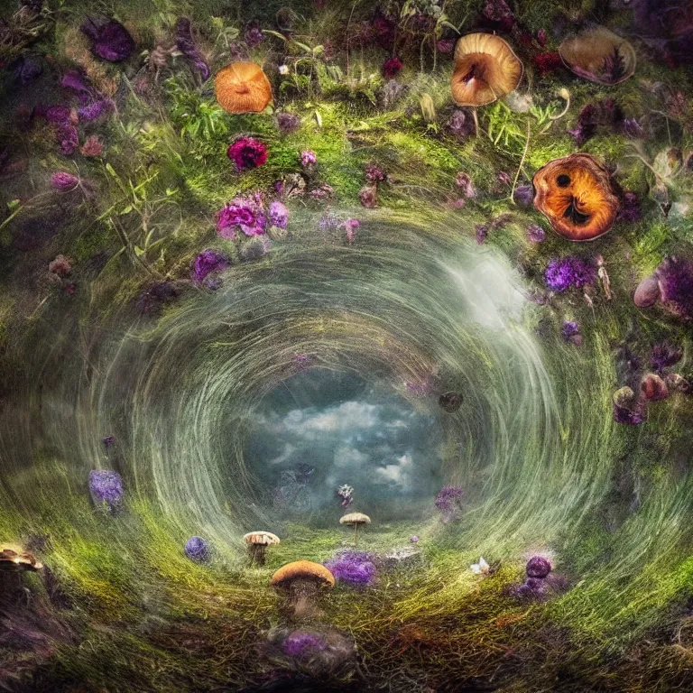 Image similar to a planet of various fungus, mushrooms, flowers and plants, inside the picture is infinity, Atmospheric, artistic photography, conceptual, long exposure outside the city, volumetric light