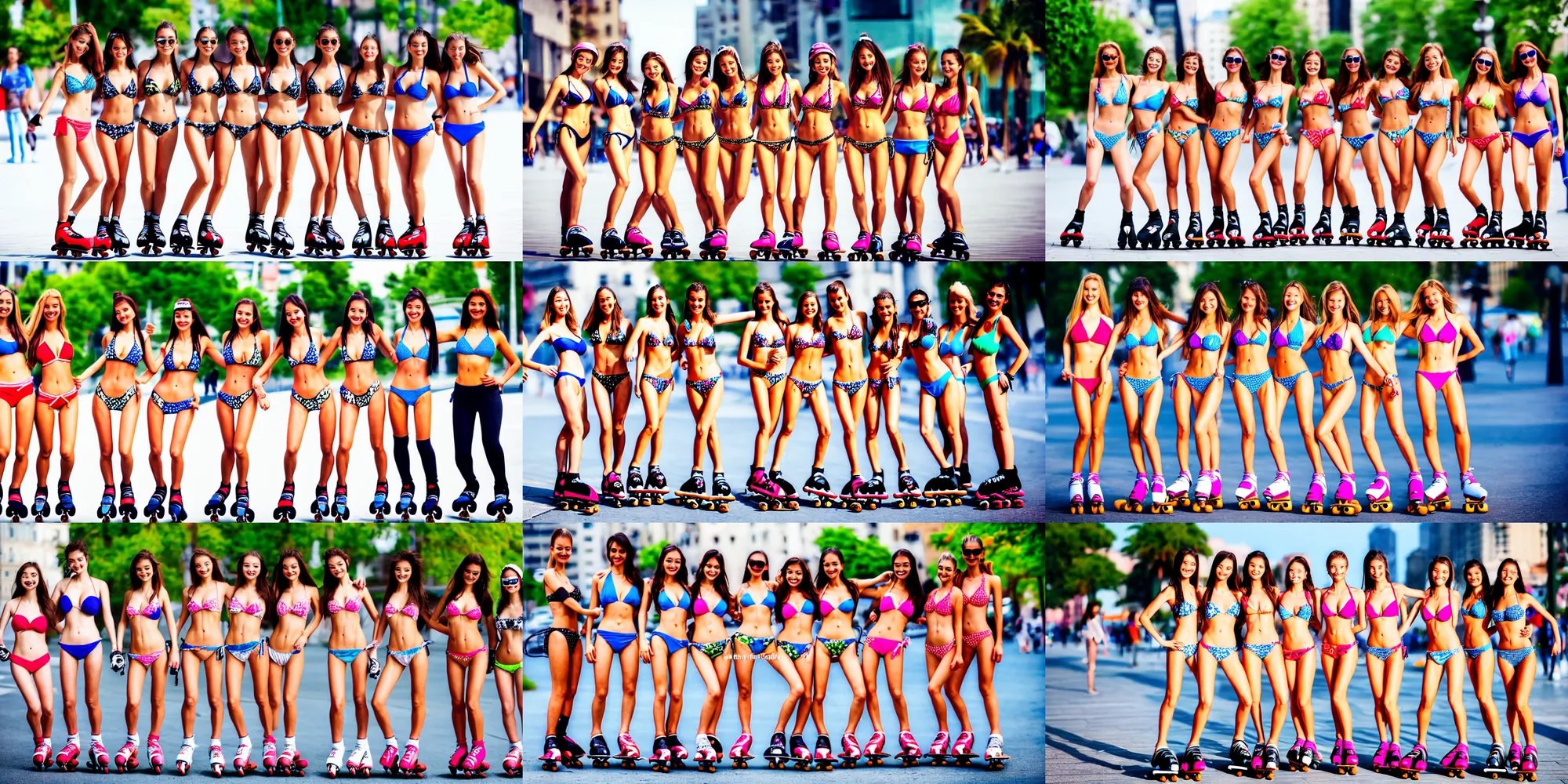 Prompt: lovely bikini models with lovely detailed faces rollerblading on the streets and having fun, sharp eyes, smile, group portrait