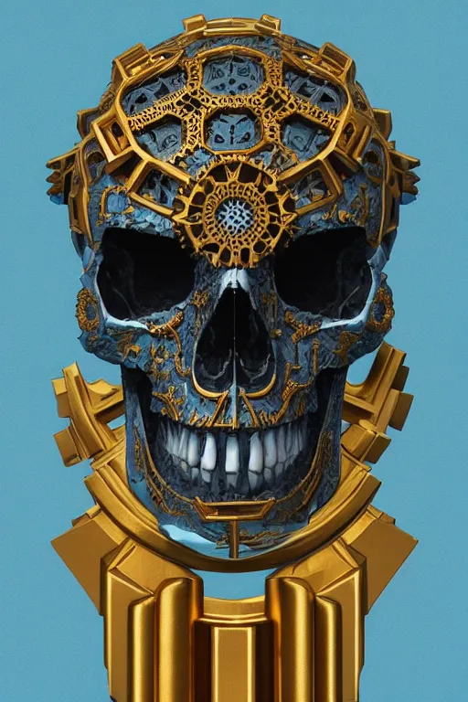 Image similar to conceptart 3 d render skull, the skull is decorated with art deco gears patterns, hyperrealistic, volumetric lighting, ultra detailed, elegant, octane render, blue and gold, 8 k, trending on artstation, unreal engine