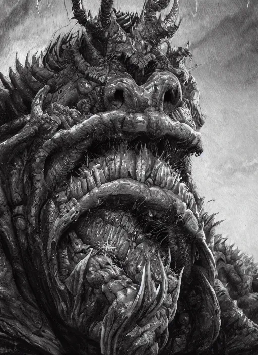 Image similar to close up portrait of a monster in the mountains of hell, oil painting by tomasz jedruszek, cinematic lighting, pen and ink, intricate line, hd, 4 k, million of likes, trending on artstation