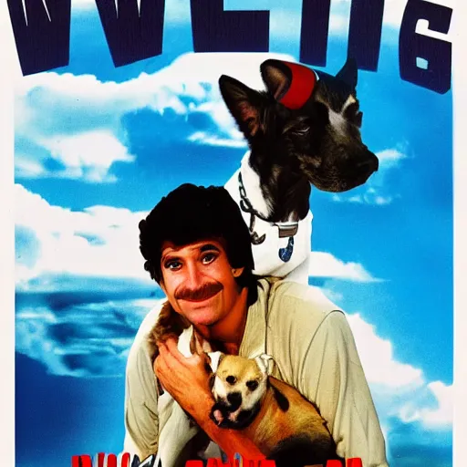 Image similar to a 8 0's movie poster about a guy and his dog. they are pilots it's called wing and a paw