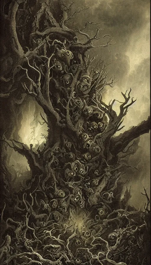 Prompt: a storm vortex made of many demonic eyes and teeth over a forest, by andre francois