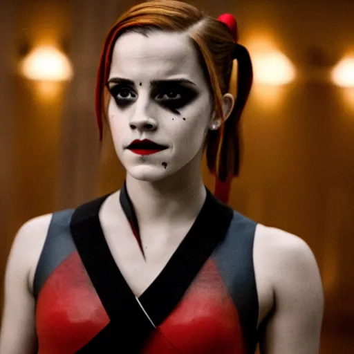 Image similar to Emma Watson as Harley Quinn, cinematic, Wide-shot, atmospheric lighting, directed by Quentin Tarantino, movie still