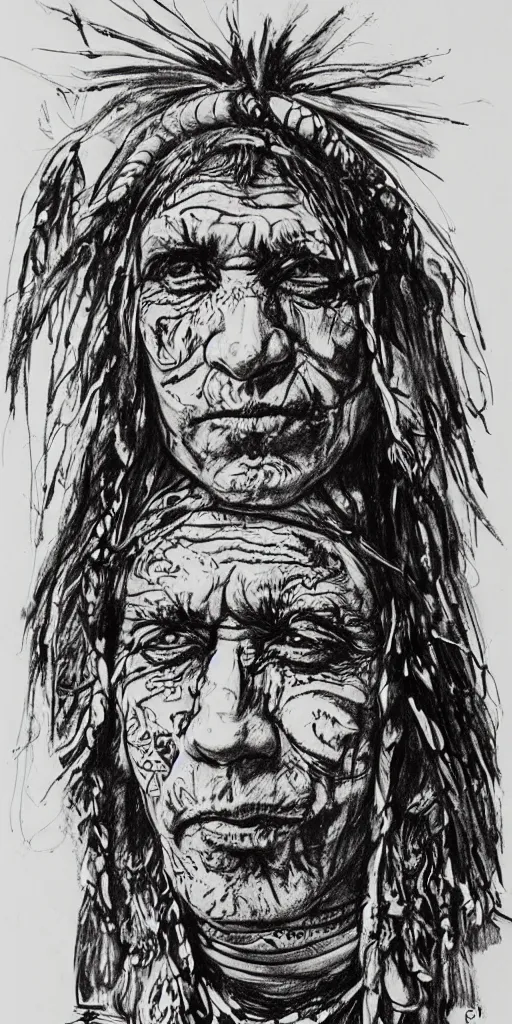 Image similar to a detailed loose wild messy ink sketch portrait of a Native American shaman in the style of Ralph Steadman, caricature, dramatic