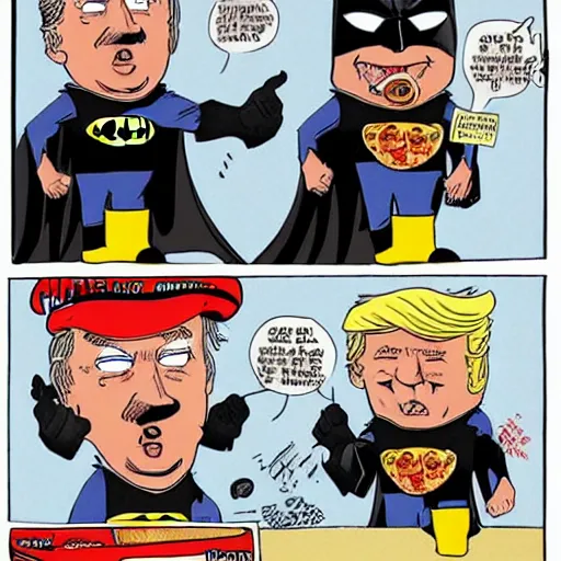 Prompt: Batman eating pizza, with Donald Trump