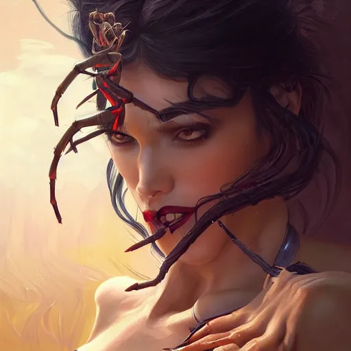 Prompt: A portrait painting of a spider woman with giant spider legs and hair needles crawling out of a volcano, illustration, detailed, award-winning, trending on artstation, by artgerm and Greg Rutkowski and Alphonse Mucha H-768