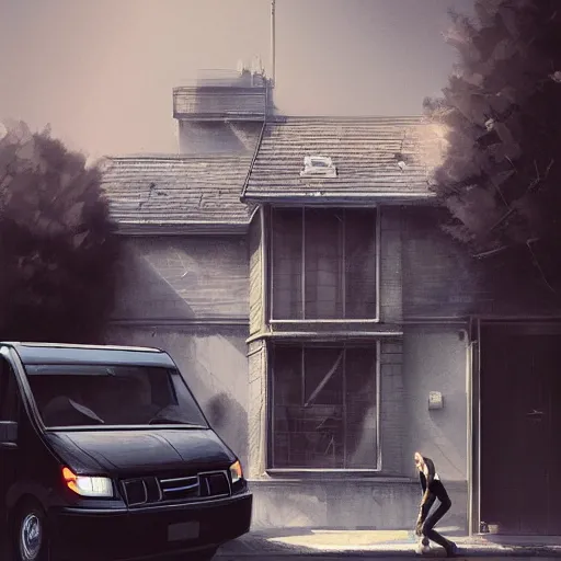 Prompt: a windowless black van parked on the street in front of an expensive modern house in a nice neighborhood, dramatic lighting, illustration by Greg rutkowski, yoji shinkawa, 4k, digital art, concept art, trending on artstation