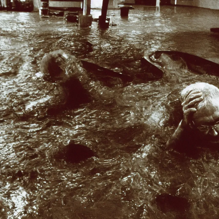 Image similar to 7 0 s movie still of an old man drowning in a soviet ballroom flooded in mud, cinestill 8 0 0 t 3 5 mm, heavy grain, high quality, high detail