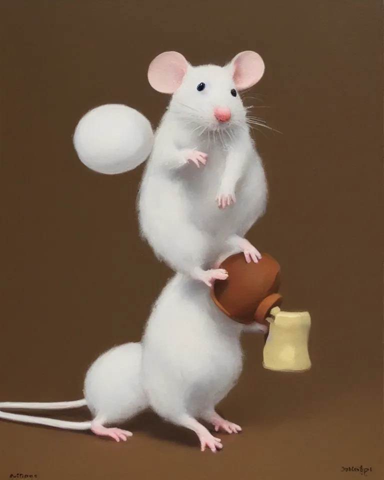 Image similar to an old oil painting of a cute white mouse standing on two legs and holding a round bell, trending on artstation