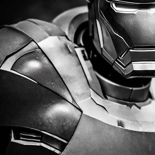 Image similar to close - up ironman in a white armor, battle damaged, shallow depth of field, moody lighting, 8 k,